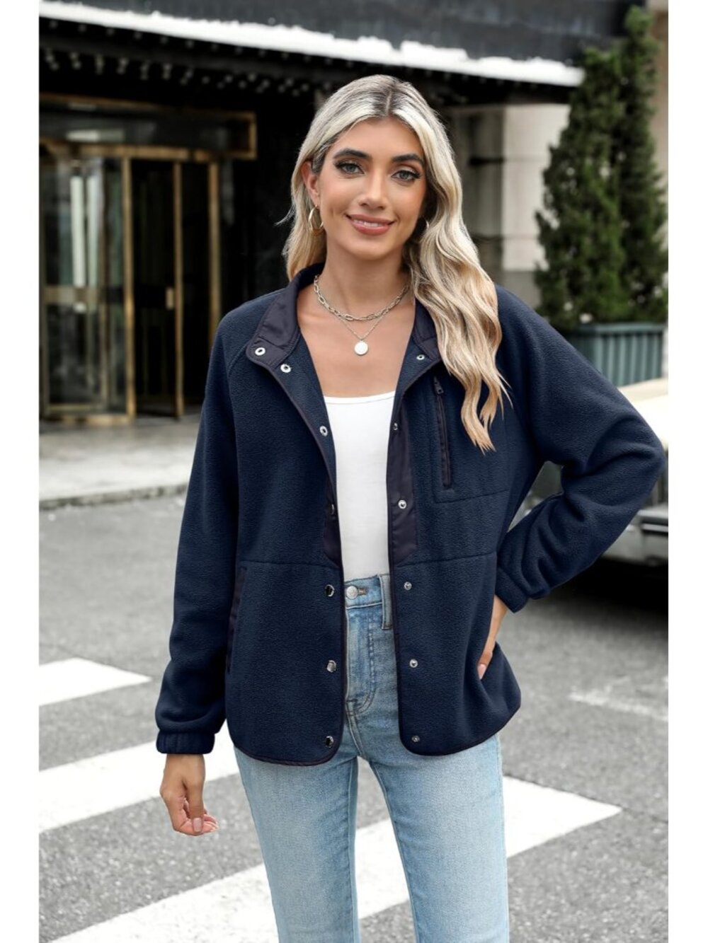 Women's Navy Winter Cuff Sleeve Western Aztec Print Snap Button Fleece Jacket - Picture 3 of 3